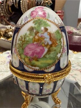 Decorative Porcelain Trinket Egg with Gold Accents - Pink & Navy